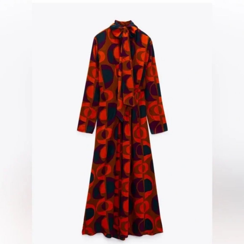 ZARA PRINT MIDI DRESS HIGH COLLAR SELF TIE - Picture 2 of 7